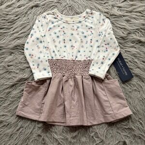 Mabel + Honey Ribbed Cotton Long Sleeve Dress Pale Pink Floral Toddler Girl 2T‎